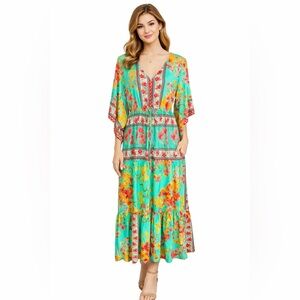 Me 2 Magic Dress Womens L Green Floral Boho Maxi Kimono Sleeves Lightweight